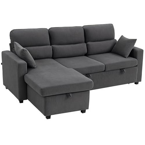 HOMCOM Ecksofa mit Schlaffunktion L-Form Sofa Couch mit Bettkasten, Kissen, 3-Sitzer Wandelbare Eckcouch mit Cordoptik für Wohnzimmer, Gästezimmer, Dunkelgrau