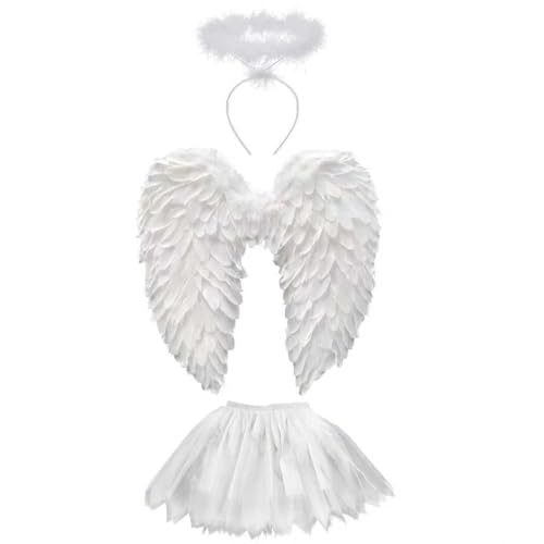 Sunshine smile Engelsflügel Weiß,Engel Kostüm Damen mit Heiligenschein,Engel Flügel,Kostüm Engel,Weiße Flügel,Engelsflügel Deko,Federflügel Engel,Engels Flügel Kostüm
