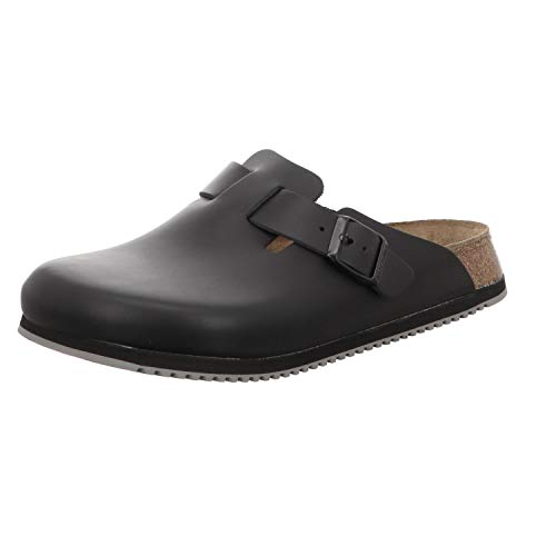 Birkenstock Boston Super Grip aus Naturleder - Herren und Damen Clogs Berufsschuh - Rutschhemmende Gummi-Eva-Sohle nach EN ISO 20347 - Anatomisch geformtes Kork-Latex-Fußbett - Schwarz - Normal - 45