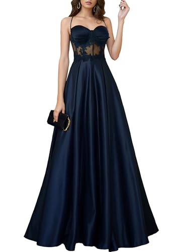 HOMEYEE Damen Elegant Floral Spitze Spaghetti Träger Träger Lang Brautjungfernkleid Abendkleide A-Linie Ballkleid A491 (M, Marineblau)