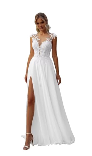 HUINI Brautkleider Standesamt Lang 2025 Hochzeitskleid Boho A-Linie Prinzessin Strand Brautkleid Weiß 38