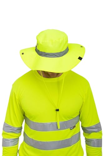 Mivaro Warnschutz Safari Hut Neon Gelb mit Reflektorstreifen und Kordel - Sichtbarer Schutz Hut für Arbeit Straße Wald Outdoor - Unisex Signalhut mit Schirm One Size für Herren und Damen