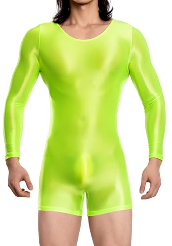 FEOYA Herren Leotard Bodysuit Wetlook Jumpsuit Öl Glänzend Playsuit Einteiler Body Transparent Dessous Nachtclub Grün XL