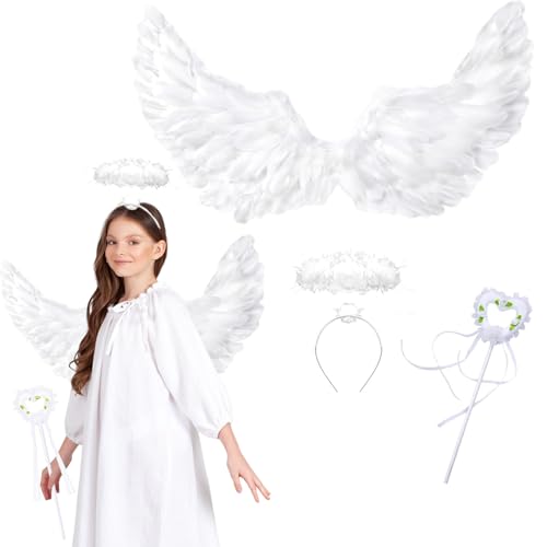 AYSOW Engel Kostüm Damen Set,Engelsflügel Amor Kostüm Damen mit Heiligenschein Engel und Zauberstab Kinder Accessoires,für Halloween Kostüme Karneval Party Cosplay Fasching Verkleidung