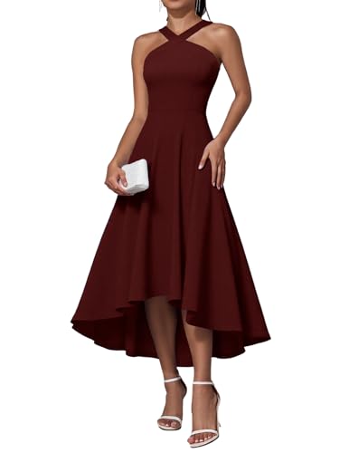 DRESSTELLS Damen Cocktailkleid Formaler Halfter Hochtief Kleider Hochzeit Gast Abend Party Graduierung Kleid Burgundy M