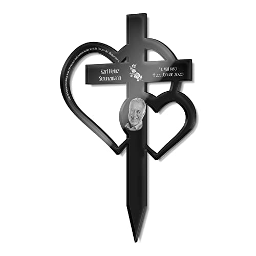 CHRISCK design Großes Grabkreuz mit Gravur aus Hochglanz Acrylglas - Grabstecker Kreuz als wetterfester Grabschmuck mit Gravur - Grabdeko für Urnengrab Grab (Mit Foto)