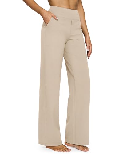 G4Free Yogahose Damen Lang Hohe Taille Elegant Stretch Weites Bein Jogginghose Geschäft Hose Arbeit Bauchkontrolle Lose Gerade Freizeithose mit Taschen (Helles Khaki,M)