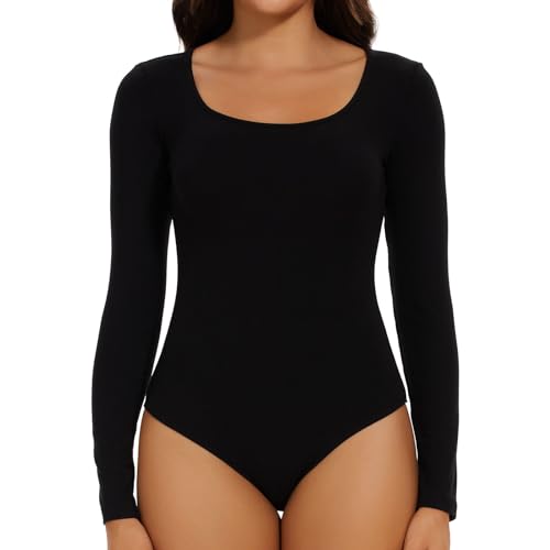 Joyshaper Body Damen Langarm Elegant Bodysuit Oberteil Damenbody Set Langarmshirt Sexy Stringbody Tops für Frauen Schwarz/U-Ausschnitt,M