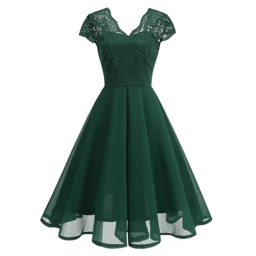 OMEWEE 1950er Vintage Retro Cocktailkleid Damen Elegant Knielang Rockabilly Kleider V-Ausschnitt Chiffon Kurzarm Spitzenkleid A-Line Swing Hochzeit festliches Kleid Kleid Abendkleid Grün S