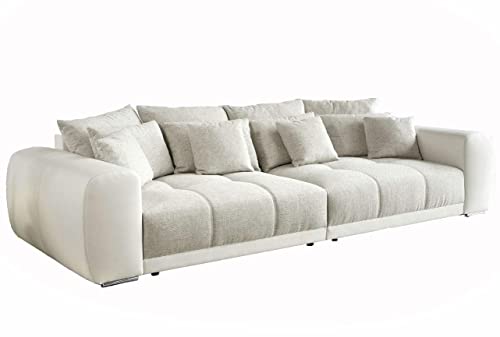 Big Sofa XXL B306/T134/H86 cm, Lounge Couch mit hochwertiger Federkernpolsterung, viele Kissen, Liegefläche 120x240 cm, Korpus Kunstleder Weiß und Bezug Strukturstoff Grau Beige / 15113