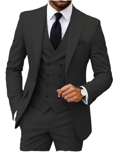 MoranX Herren-Anzüge, normale Passform, 3-teilig, zweireihig, formell, Business, Smoking, Blazer, Weste, Hose für Hochzeit, Bräutigam, Schwarz, XX-Large
