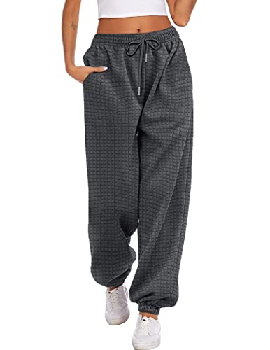 Hotouch Jogginghose Damen Lang Winter Hose High Waist Kordelzug Freizeithose Waffle Sweatpants Baggy Lang Hosen mit Taschen Dunkelgrau XXL