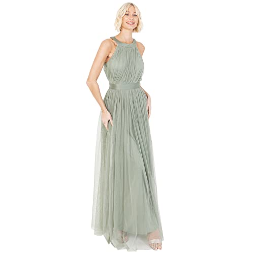 Anaya with Love Damen Ladies Maxi Dress for Women Halter Neck Long Sleeveless Belt A Line Evening Gown Ball Prom Wedding Guest Bridesmaid Kleid, Forest Green, 36 EU