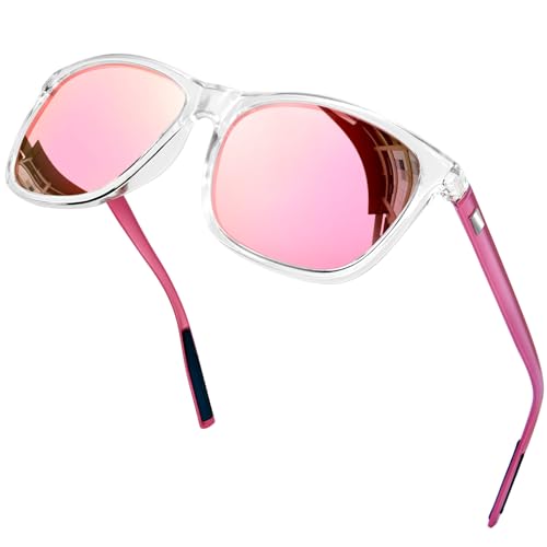 KANASTAL Größe Sonnenbrille Herren und Damen Retro Polarisiert Sonnenbrille UV400 Schutz für Reise Wandern Angeln Alltag, Transparent Rahmen Verspiegelt Rosa Gläser Rosa Bügel