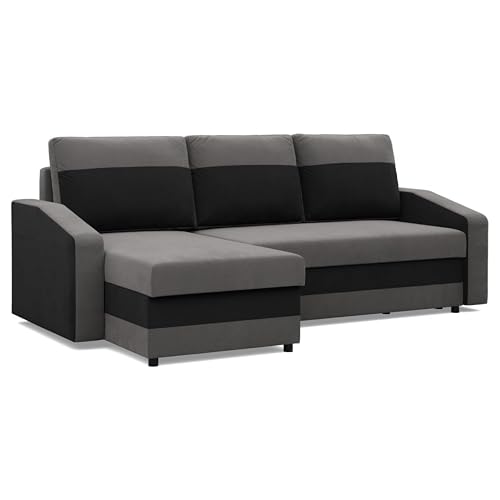 Mebligo - Ecksofa mit Schlaffunktion und Bettkasten Orion, Eckcouch Universelle Seite, Sofa L Form (BxTxH) 231 x 140 x 85 cm, Couch Wohnzimmer, Ecke Sofa, Grau + Schwarz (Mikro 27 + Mikro 15)