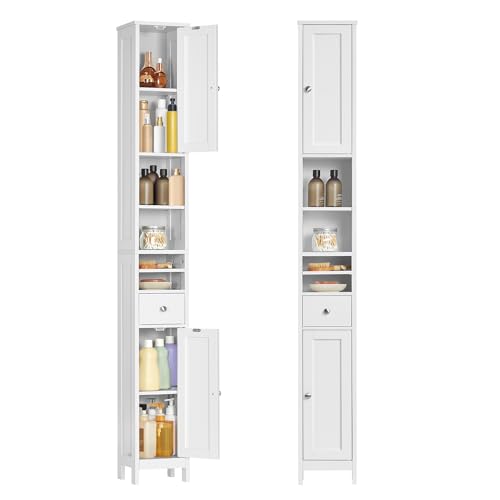 VASAGLE Badezimmerschrank, Badschrank, hoch, schmaler Aufbewahrungsschrank, mit verstellbaren Ablagen, Schublade, offenen Fächern, für kleine Räume, modern, wolkenweiß BBC765W01