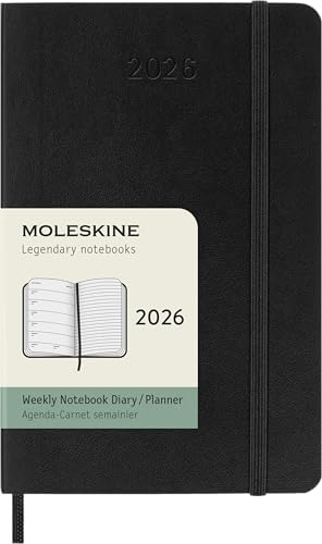 Moleskine Wochenplaner, Wochenagenda 2026 12 Monate mit Platz für Notizen, mit weichem Einband und Gummibandverschluss, Pocket-Format 9x14, Farbe Schwarz