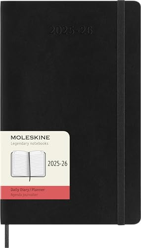 Moleskine Tageskalender 2025-2026, 18-Monats-Tagesplaner mit Weichem Einband und Gummiband, Großformat 13 x 21 cm, Schwarz