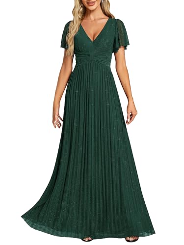 Ever-Pretty Kleid Elegant Damen Festlich Lang Ballkleid Maxi Hell Abendkleider Elegant für Hochzeit A Line Kurze Ärmel Dunkelgrün 44
