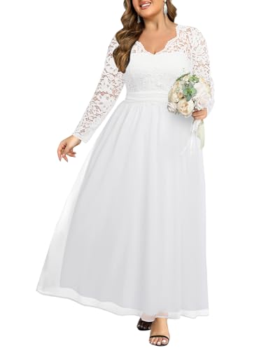 Talisea Formelle Brautkleider in Übergröße – Abendkleid, Abschlussball, elegant, V-Ausschnitt, lange Ärmel, Spitze, Chiffon, langes Maxikleid, Weiss/opulenter Garten, 50 Mehr