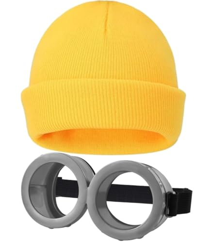 Hatstar Gelbe Beanie Mütze + Spaß Brille | Minions Style Verkleidung für Damen, Herren & Kinder | Cartoon Set | Kostüm Party Accessoire zu Halloween, Karneval, Fasching