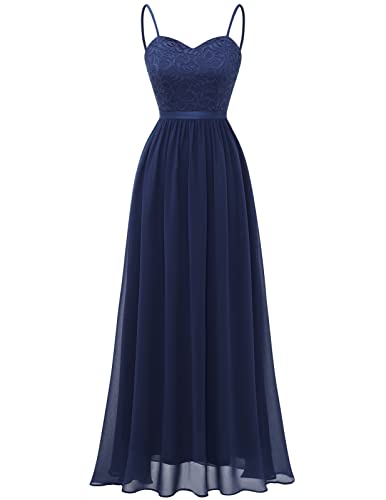 DRESSTELLS Abendkleider Elegant für Hochzeit Dunkelblau Festlich Ballkleid Damen Lang Brautkleid Standesamt Brautjungfernkleider mit Träger Jugendweihe Kleider Navy M