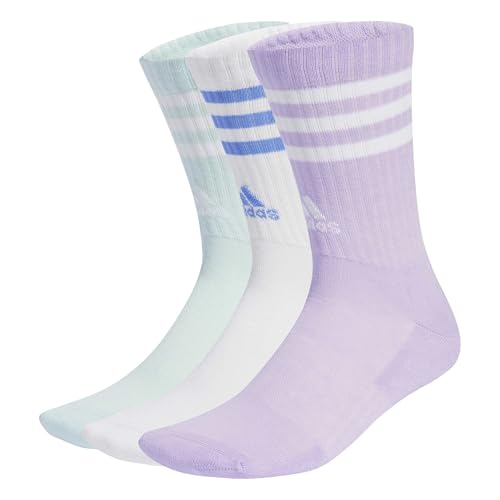 adidas Unisex 3-Stripes Cushioned Crew Socks 3 Pairs, Powder Plum/White/Halo Mint, 6.5-8