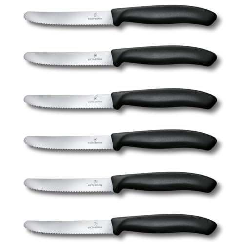 Victorinox Swiss Classic, Frühstücksmesser, Brötchenmesser, Scharfe Klinge, Wellenschliff, 11 cm, Kunststoffgriff, Rostfreier Stahl, Set 6teilig, Schwarz