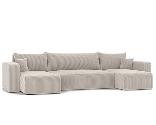 IDOHOME 145x318 XXL Wohnlandschaft U Form mit Schlaffunktion (125x272) und Bettkasten aus Massivholz - Wohnzimmer Poso Couch U Form
