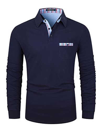 VMSUCIJ Poloshirt Herren Langarm Baumwolle Regular Slim Fit Plaid Denim Golf Polohemd M-3XL,Blau,M