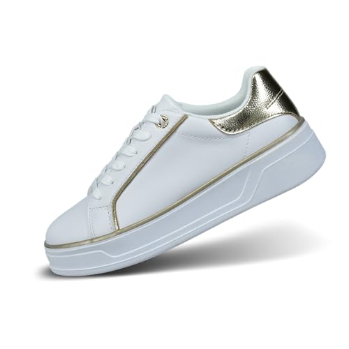 bugatti Damen-Weiße Sneakers mit Goldenen Details, Logo-Akzenten, Klobigen Gummisohlen und Stilvollem Design für Legere Kleidung, weiß/Gold, 41 EU
