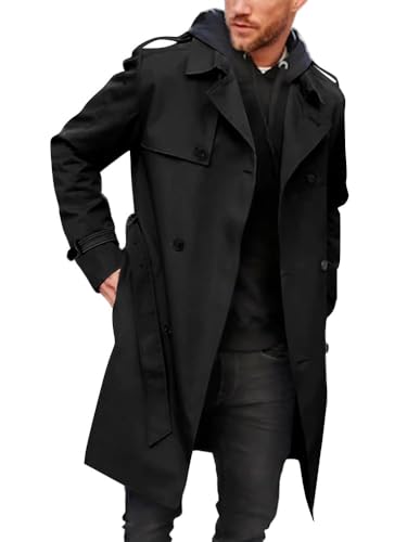 Runcati Herren Mantel Zweireiher Trenchcoat Langes Revers Business Jacke mit Gürtel, Schwarz , M