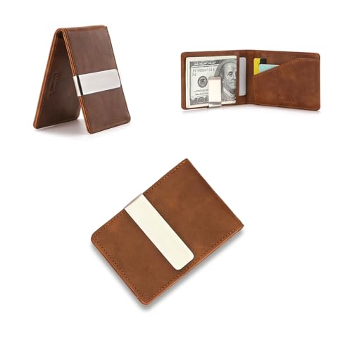 RisePlus Geldklammer Herren, Slim Wallet mit Geldklammer, Money Clip, Ultraleichtes Kartenetui, Kompaktes RFID‑Kreditkartenetui, Minimalistisches Portemonnaie mit Geldscheinklammer （Braun）