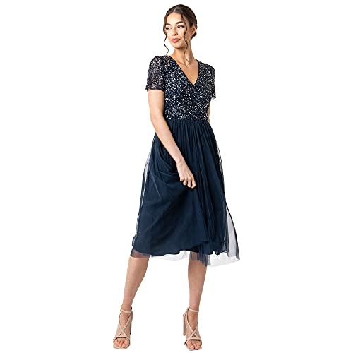 Maya Deluxe Damen Midi-kleid Mit V-ausschnitt, Verziert Brautjungfernkleid, Navy, 48 EU