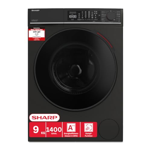 Sharp ES-WNFL914CMDA-DE Waschmaschine, 9 kg, 1400 U/min, Energieeffizienzklasse A (-20%), Inverter Motor, AquaStop, AquaGuard, WiFi, LED-Touch, Dampf-Funktion, Schwarz