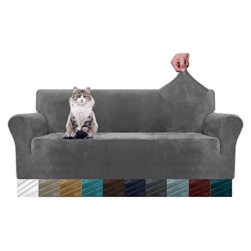 MAXIJIN Thick Velvet Sofabezüge 3-Sitzer Super Stretch rutschfeste Couchbezug für Hunde Katze Haustierfreundlich 1-teilige elastische Möbel Protector Plüsch Sofa Schonbezüge (3 Sitzer, Grau)