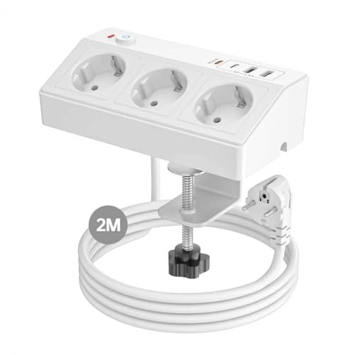 Tischsteckdose mit USB C PD 20W, 4000W/16A Steckdosenleiste Schreibtisch, STGAROT 3 Fach Mehrfachsteckdose 4 USB mit Schalter 2M Kabel, Überspannungsschutz Steckdose Tisch für Zuhause Büro, Weiß