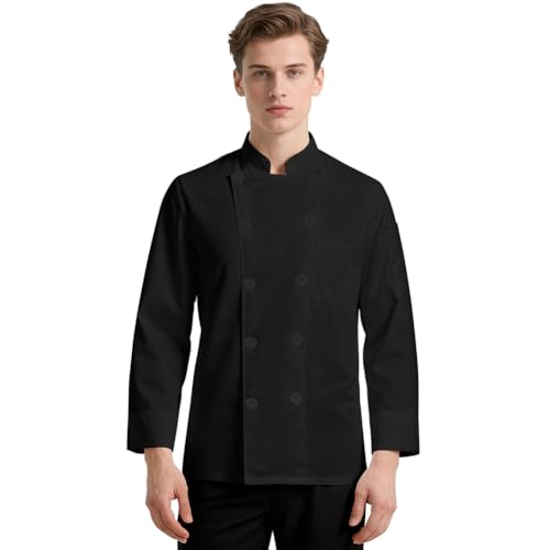 DiULi Kochbekleidung Professionelle, Kochjacke Langarm Unisex mit Knöpfe, Chef Uniform Langarm, Ohne Einlaufen, Schwarz, M