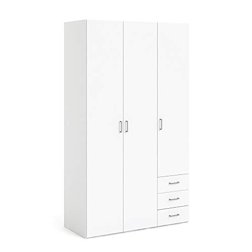 Kleiderschrank mit drei Türen und drei Schubladen, Farbe Weiß, Maße 115 x 200 x 49 cm