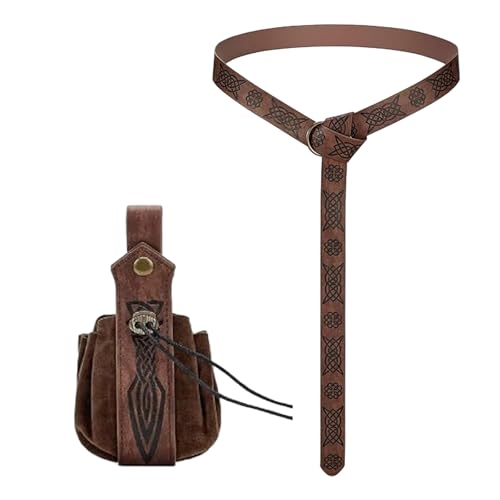 PWCTNT Mittelalter Gürtel & Tasche, 2 Stück, Braun, Unisex, Schmuckgürtel, Kunstleder, Synthetisch, Doppelring, Renaissance, Cosplay, Vintage, Deko, Damen & Herren