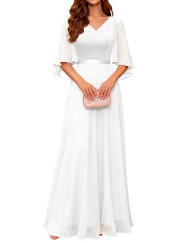 DRESSTELLS Abendkleider Damen Kleid Hochzeit Festlich Chiffon Cape Ärmel Brautkleid Standesamt Weiß Bodenlang Sommerkleid V-Ausschnitt Elegantes Partykleid White XL