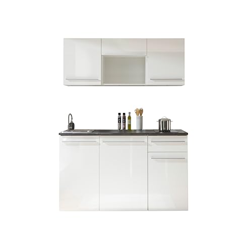 84-240-13 Single Küche JAZZ Küchenblock Küchenzeile Weiß / Weiß Hochglanz ca. 160 x 212 x 60 cm