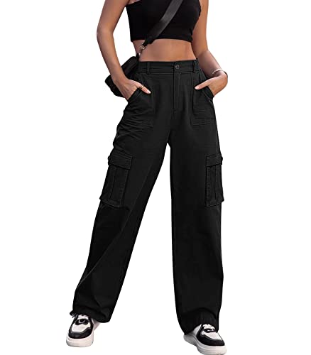 Dordanity Y2K Cargohose für Damen Baggy Hosen High Waist Wanderhose Baumwolle Arbeitshose mit Multi Taschen(Schwarz,M)