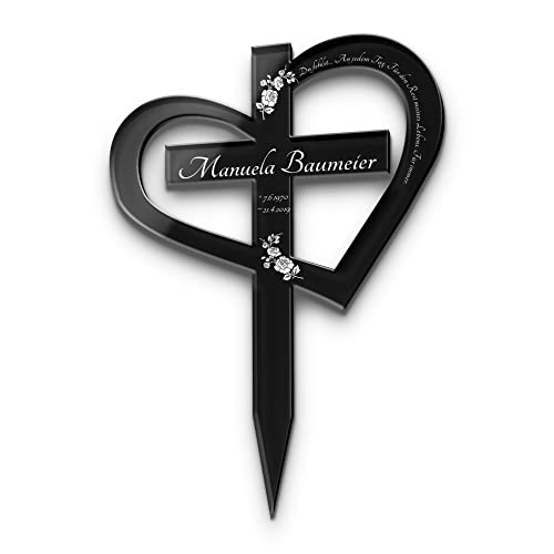 CHRISCK design Großes Grabkreuz Herzen mit Gravur aus Hochglanz Acrylglas - Grabstecker Kreuz als gravierte wetterfeste Grabdeko - Grabschmuck für Urnengrab - Friedhof Deko (Mit Motiven)