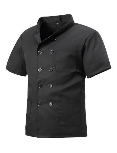 MeiLayM Kochjacke für Herren & Damen Slim Kochjacke mit Druckknöpfen Herren Modern Style Kurzarm Bäckerjacke Professional Chef Uniform Kurzarm Schwarz,S
