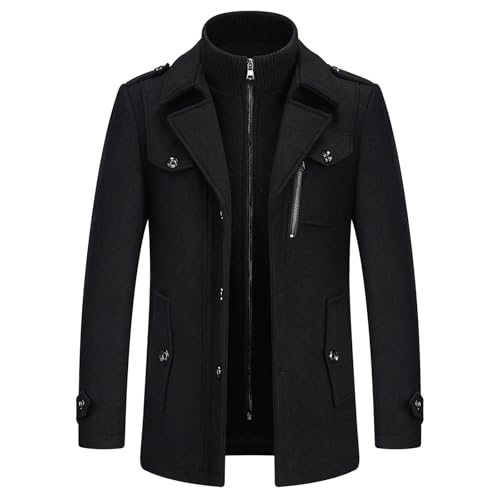 KUDORO Herren Wintermantel Wolle Kurzmantel Herren Wollmantel Mittellang Slim Fit für Business Freizeit Peacoat Herren Casual(Schwarz1,L)