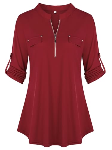 Lalala 3/4 Länge Ärmel Damen Bluse Lässig Arbeit Professionell Trendy Niedlich Herbst Oberteile D_Weinrot XL