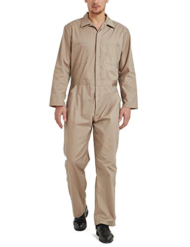 TopTie Herren Overall Khaki Arbeitsoverall mit Druckknöpfe und vorne Reißverschluss Boilersuit Herren Arbeitskleidung- S
