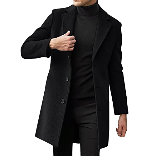 Kobilee Trenchcoat Herren Einreihig Lang Mantel Leichter Revers Herbst Winter Jacke Übergangsjacke Schwarz XXL