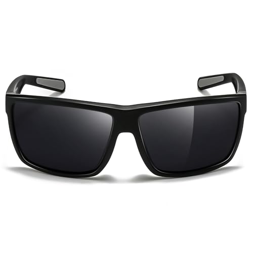 SUNGAIT Quadratische polarisierte Herren-Sonnenbrille leichte Sportbrille rechteckig umlaufender Rahmen zum Angeln Golfen und Laufen (Schwarzer Rahmen/Graue Gläser)